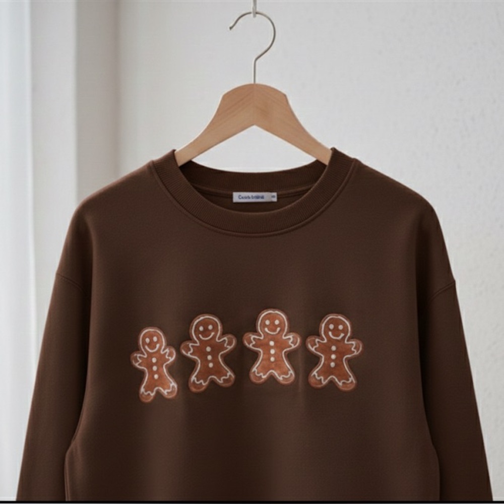 Gildan Chocolate Brown Crew Neck Sweater with Gingerbread Motif